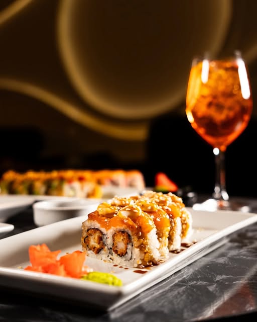 Τραγανά sushi rolls δίπλα σε cocktail