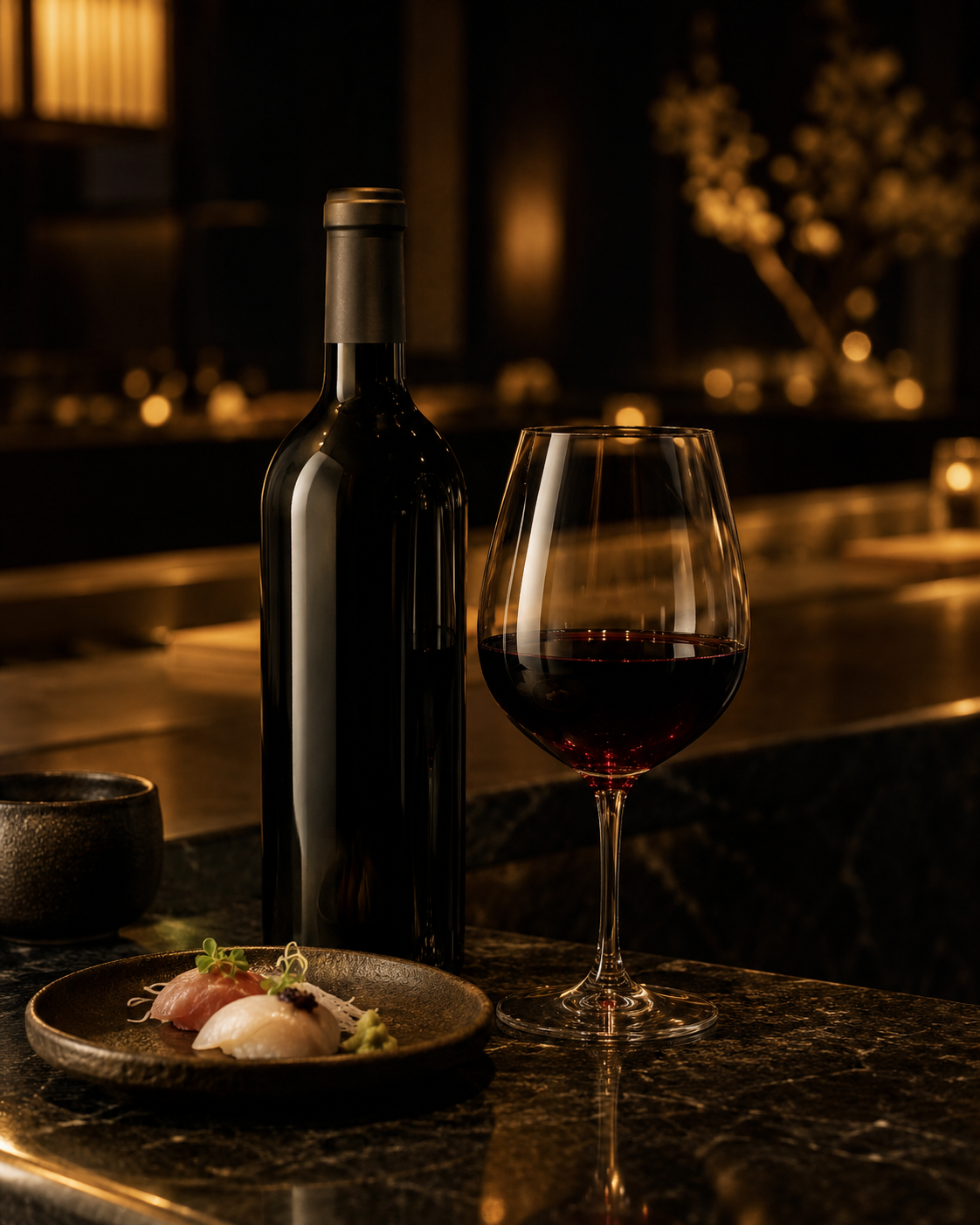 Φιάλη κόκκινο κρασί και ποτήρι σε σκούρο sushi bar